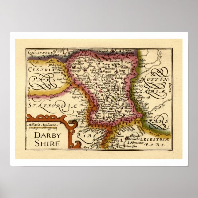 Poster Derbyshire (Darbyshire) County England Mapa Antiqu (Frente)
