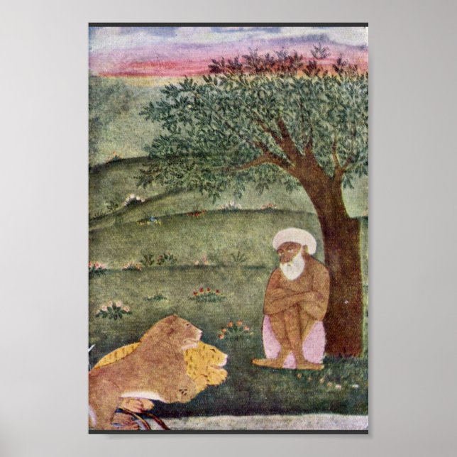 Póster Dervish Com Um Leão E Um Tigre. Pintura de Mughal. (Frente)