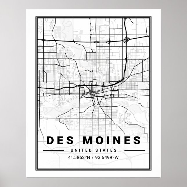 Poster Des Moines Iowa EUA - Mapa da Cidade do Viagem (Frente)
