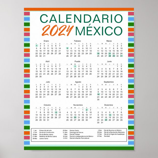 Poster Descargar Calendário Mexicano Espanhol 2024 México (Frente)