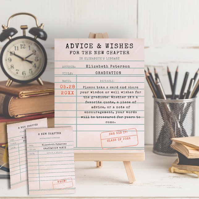 Poster Desejos de Graduação de Cartão de Biblioteca de Te (graduation advice wishes sign vintage library card book bookish bookworm literature lover reader)