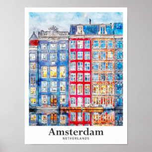 Poster Desenhada Mão de Aquarela Viagem de Amesterdã nos 