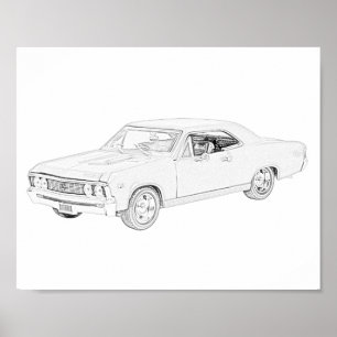 Póster Desenho 1967 preto e branco de Chevy Chevelle