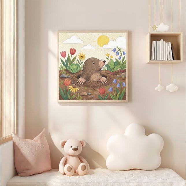 Poster Desenho a Crayon de Toupeira Fofa e Flores Criança (Criador carregado)