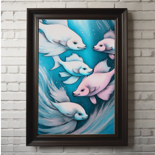 Poster Desenho a Giz Rosa Azul Peixe VII