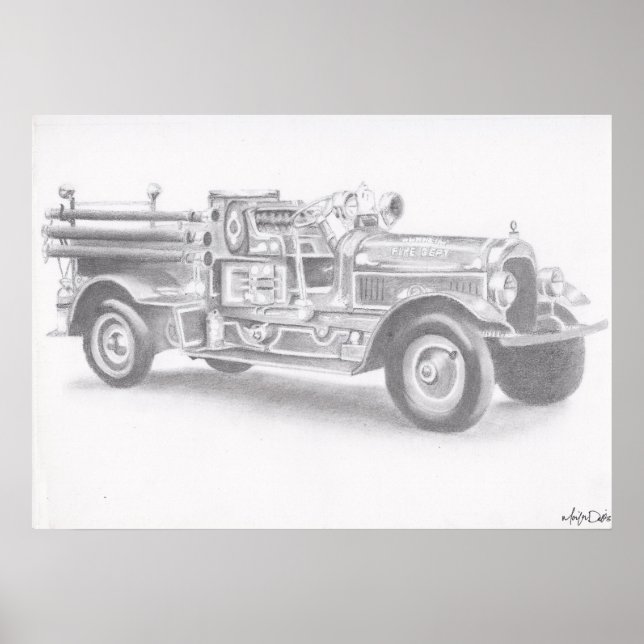 Poster Desenho a lápis de caminhão de bombeiros pôster gr (Frente)