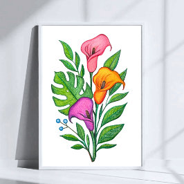 Poster Desenho a Lápis de Cor de Flores de Copo-de-Leite
