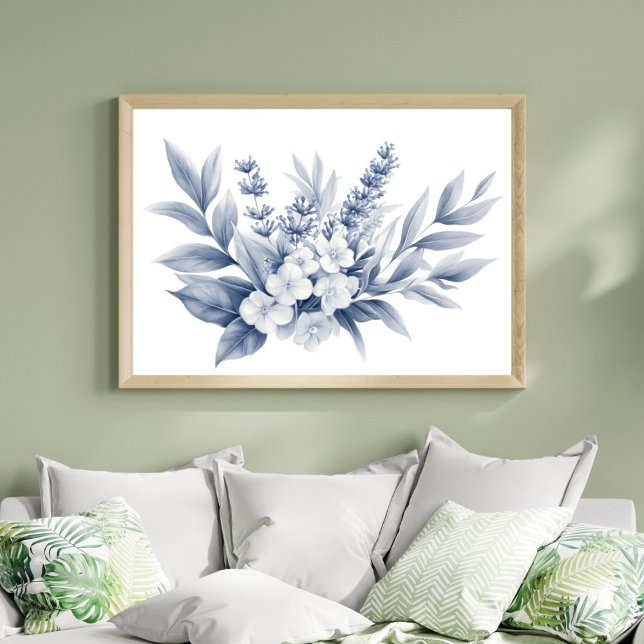 Poster Desenho a Lápis Flores Brancas Cinza Prata (Pencil Sketch Silver, Gray White Floral Wall Art poster print. Printed or Digital Download)