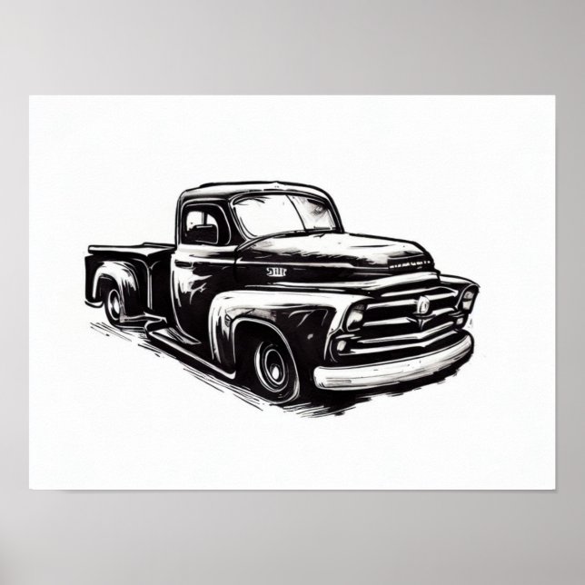 Poster Desenho a tinta de caminhão Dodge preto e branco (Frente)