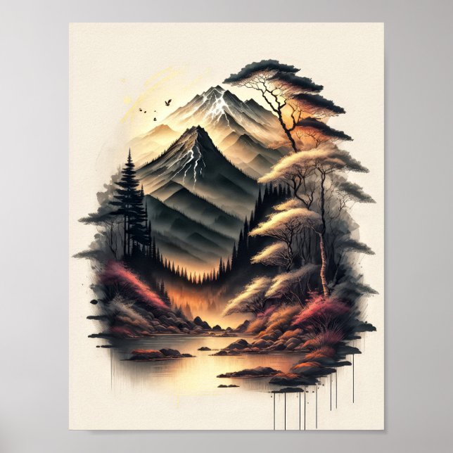 Poster Desenho a tinta de paisagem japonesa com vulcão (Frente)