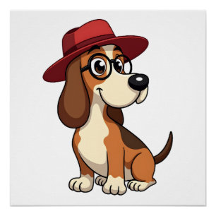 Póster Desenho Animado de Basset Hound Vintage com Chapéu