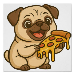 Póster Desenho animado de cachorro pug fofo amante de piz