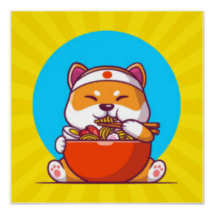Póster Desenho Animado de Shiba Inu Fofo Comendo Macarrão