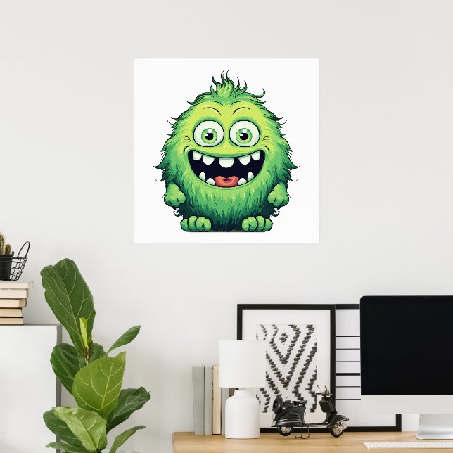 Poster Desenho Animado Monstro Verde Fofo Sorridente (Escritório em casa)