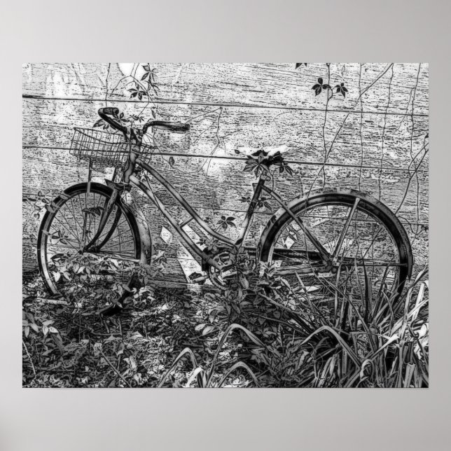 Póster Desenho antigo de bicicleta abandonado, preto e br (Frente)