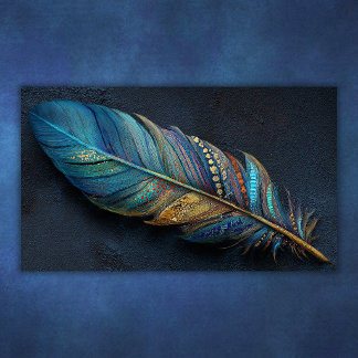 Poster Desenho Artístico em Azul Teal Dourado Pena Boho O