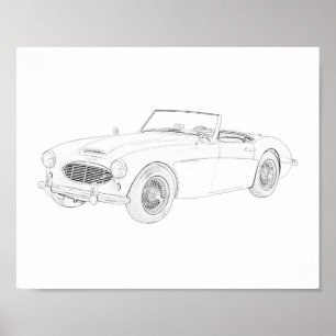 Poster Desenho Austin Healey de 1960 preto e branco