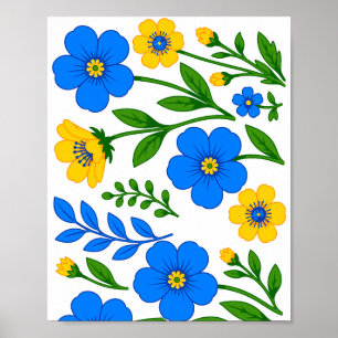 Poster Desenho Botânico Floral Azul e Amarelo