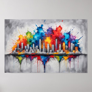 Poster Desenho com tinta respingada e horizonte de arranh