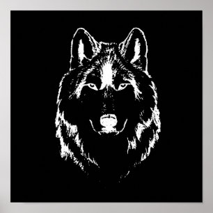 Poster Desenho Da Cabeça Do Lobo Negro E Branco Engraçado
