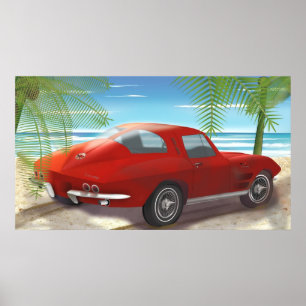 Póster Desenho da Cena de Corvette Beach 1963