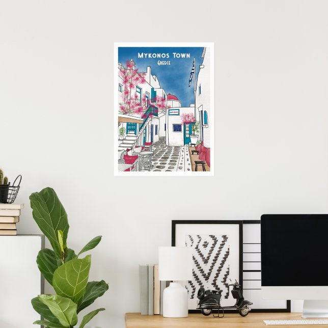 Poster Desenho da Grécia da Cidade de Mykonos (Escritório em casa)
