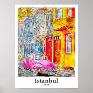 Poster Desenho da Mão de Aquarela de Istambul Turquia Via