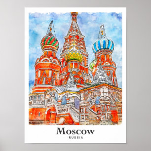 Poster Desenho da Mão de Aquarela de Moscou Rússia Viagem