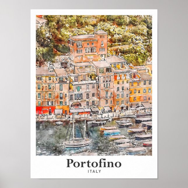 Poster Desenho Da Mão De Aquarela Portofino Itália Viagem (Frente)