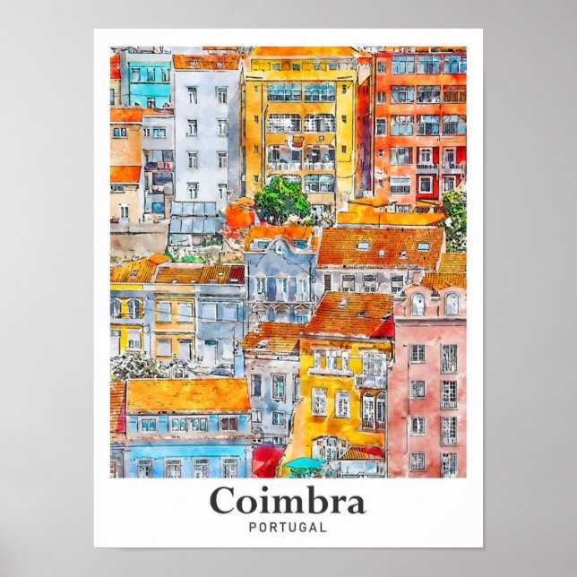 Poster Desenho Da Mão De Viagem Aquarela De Coimbra Portu (Frente)