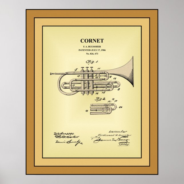 Poster Desenho da patente ~ F. A. Buesoher ~ Cornet ~ (Frente)