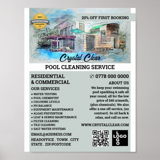 Poster Desenho Da Piscina Da Casa, Limpeza Da Piscina De  (Frente)