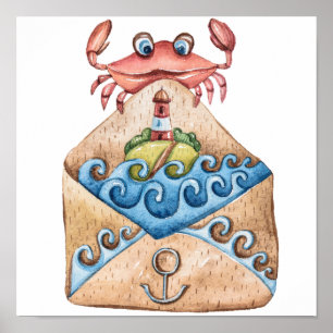 Poster Desenho de Aquarela de Caranguejo