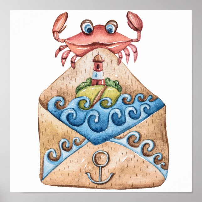 Poster Desenho de Aquarela de Caranguejo (Frente)