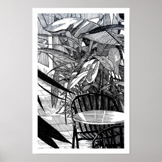 Poster Desenho de Arte de Linha de Folhas Tropicais Botân