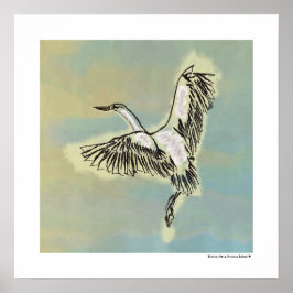 Poster Desenho de Arte de Linha Grou Marrom Azul Voando