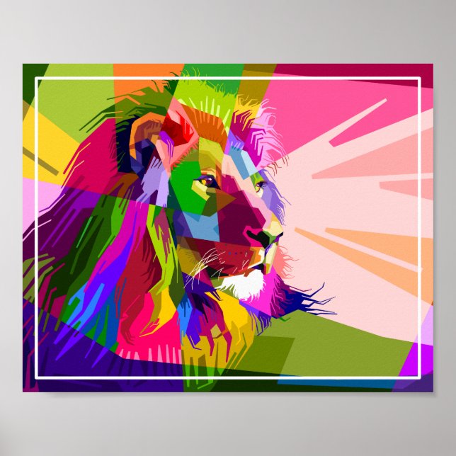 Poster Desenho de Arte Pop Prismática Colorida de Leão (Frente)