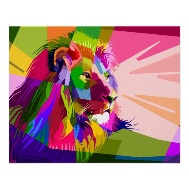 Póster Desenho de Arte Pop Prismática Colorida de Leão (Frente)