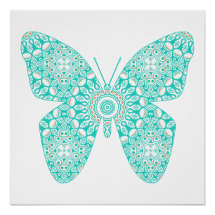 Póster Desenho de Borboleta Mandala Turquesa