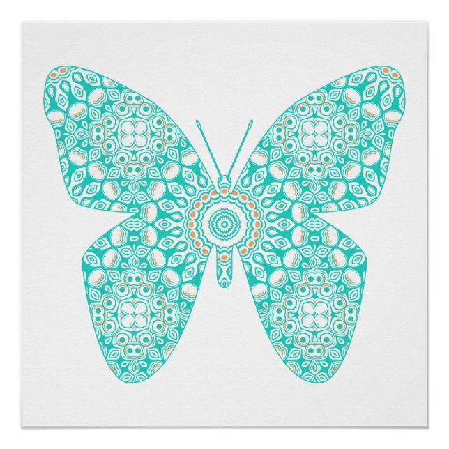 Póster Desenho de Borboleta Mandala Turquesa (Frente)