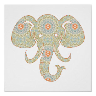Póster Desenho de Cabeça de Elefante Mandala