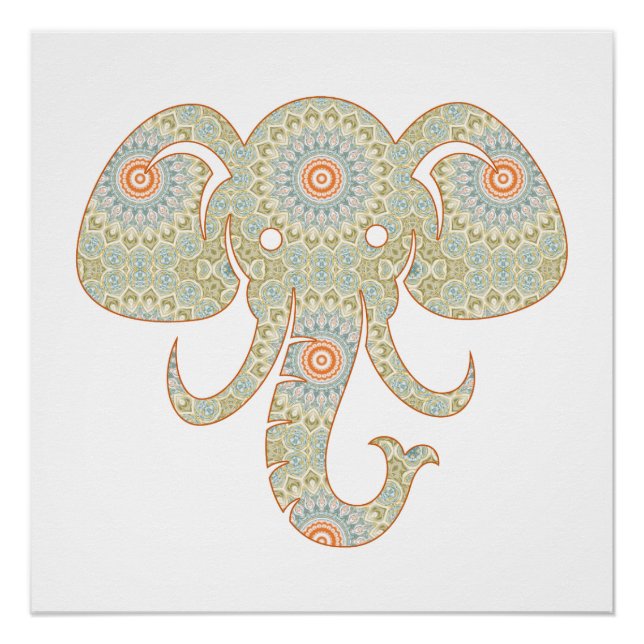 Póster Desenho de Cabeça de Elefante Mandala (Frente)