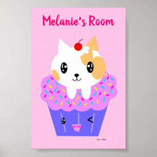 Poster Desenho de Cupcake de Gato de Kawaii Personalizado