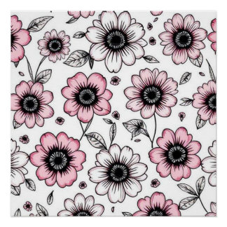 Póster Desenho de esboço de flores e folhas cor-de-rosa