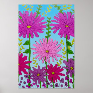 Poster Desenho de Flor Rosa Vibrante em Azul