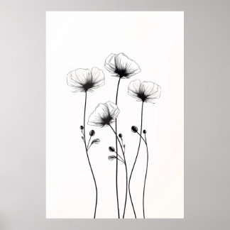 Poster Desenho de flores minimalistas, em preto e branco.