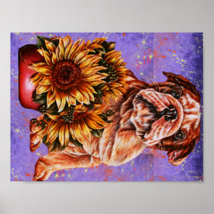 Póster Desenho de girassóis do buldogue na pintura roxa