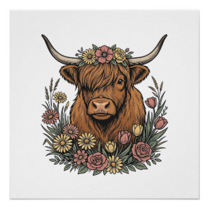 Póster Desenho de gravura vintage de vaca das Terras Alta