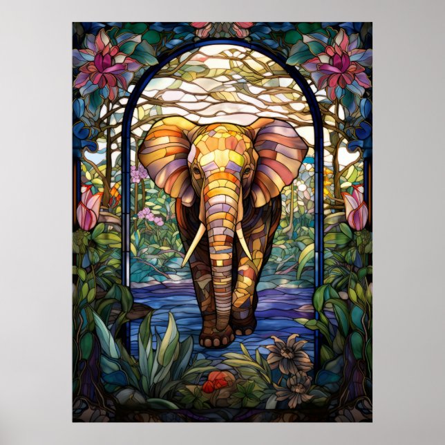 Poster Desenho de Janela de Vidro Colorido de Elefante (Frente)
