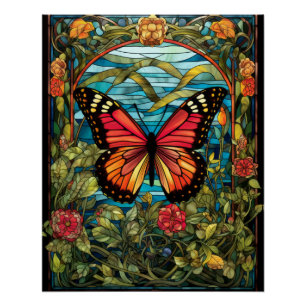 Póster Desenho de Janela de Vidro Pintado Borboleta Monar